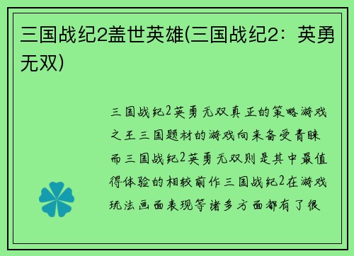 三国战纪2盖世英雄(三国战纪2：英勇无双)